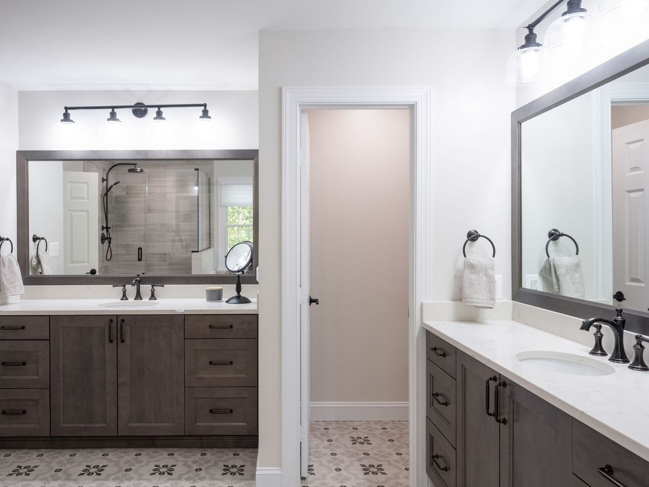 Bathroom vanity cabinetry made of maple wood stained in the shade shale featuring Portland doors