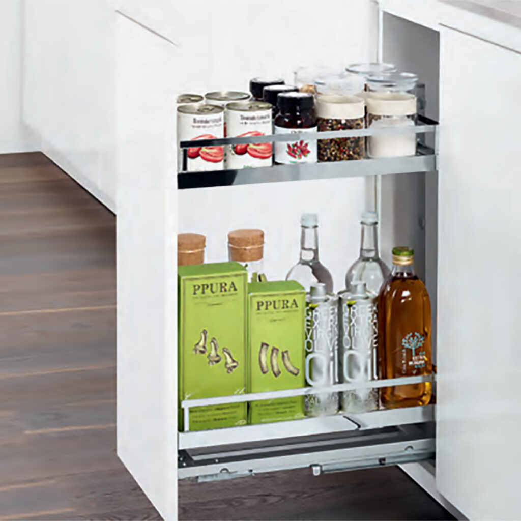 Pullout drawer with metal railings and metal hardware featuring 2 tiers of shelves.