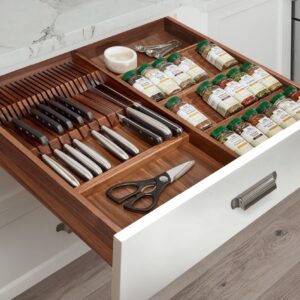 Wooden double knife block and spice rack insert installed into custom kitchen drawer