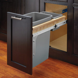 Top mount waste container drawer pullout. Featuring single waste container and small container cutouts.