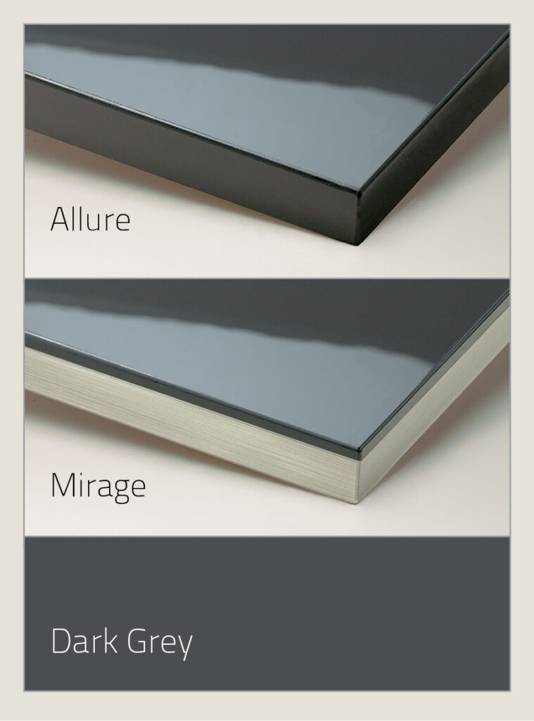 Suede UV Stabilized top hardcoat in the shade dark grey, showcasing difference between Allure which goes over the edges and Mirage which is only on the top pane