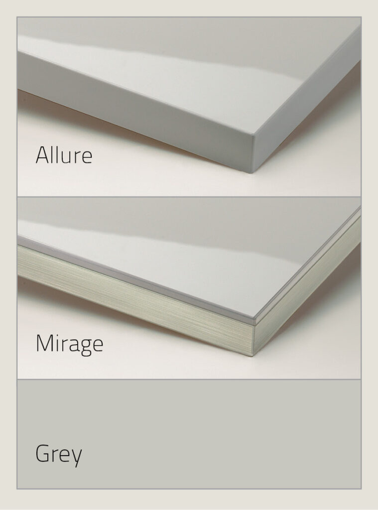 Suede UV Stabilized top hardcoat in the shade grey, showcasing difference between Allure which goes over the edges and Mirage which is only on the top pane