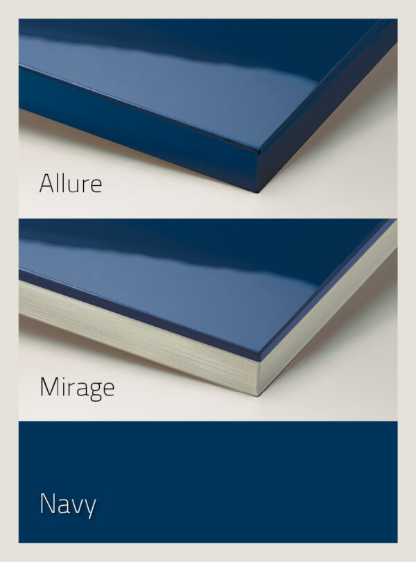 Suede UV Stabilized top hardcoat in the shade navy, showcasing difference between Allure which goes over the edges and Mirage which is only on the top pane