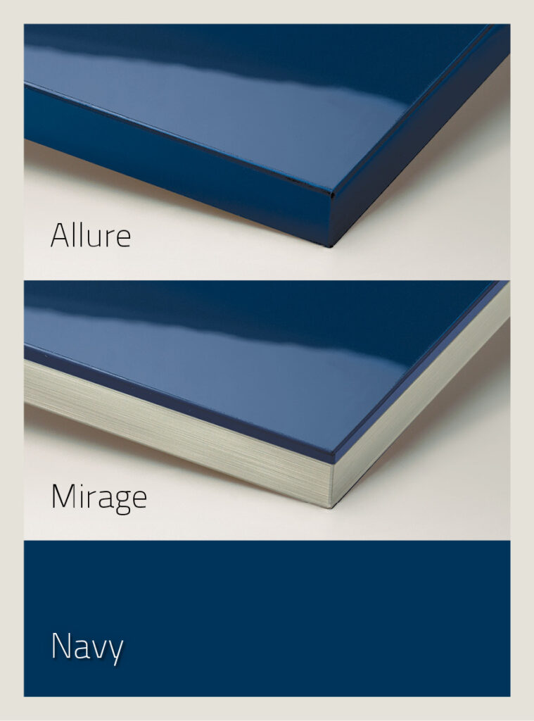 Suede UV Stabilized top hardcoat in the shade navy, showcasing difference between Allure which goes over the edges and Mirage which is only on the top pane