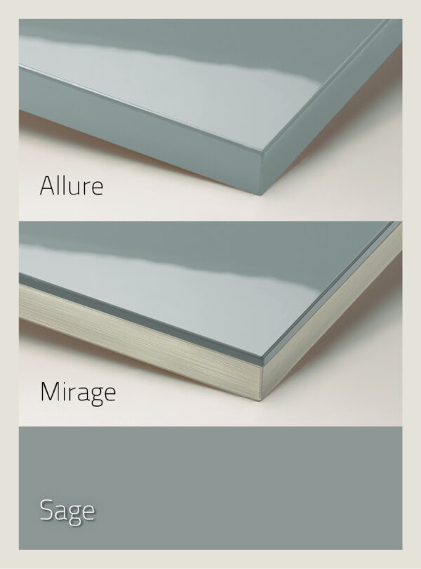 Suede UV Stabilized top hardcoat in the shade sage, showcasing difference between Allure which goes over the edges and Mirage which is only on the top pane