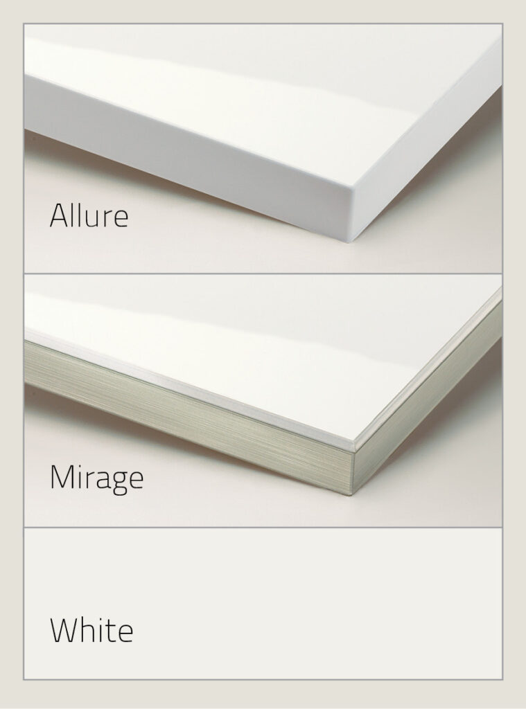 Suede UV Stabilized top hardcoat in the shade white, showcasing difference between Allure which goes over the edges and Mirage which is only on the top pane