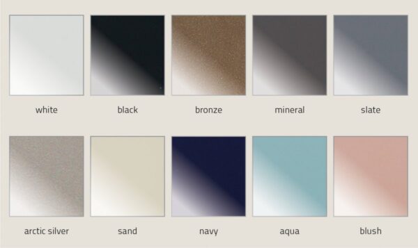 10 colors of back paint in the gloss variety including, white, black, bronze, mineral, slate, arctic silver, sand, navy, aqua, and blush