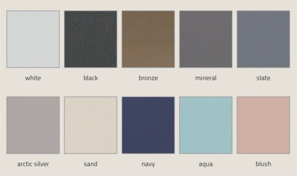 10 colors of back paint in the matte variety including: white, black, bronze, mineral, slate, arctic silver, sand, navy, aqua, and blush