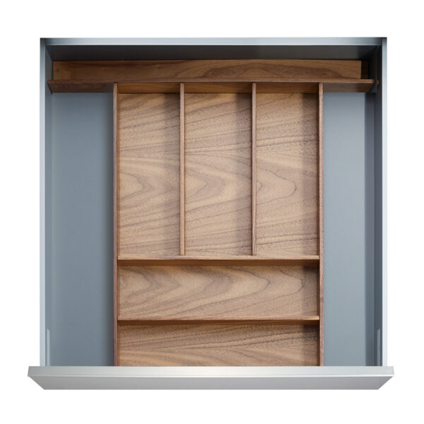 Walnut wooden drawer accessories in the straightline Boston style