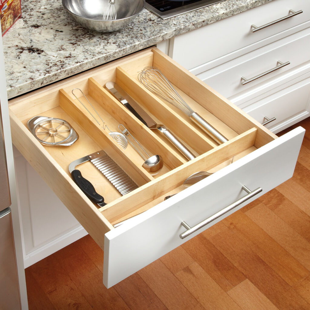 Walnut utensil drawer insert custom made for a kitchen drawer