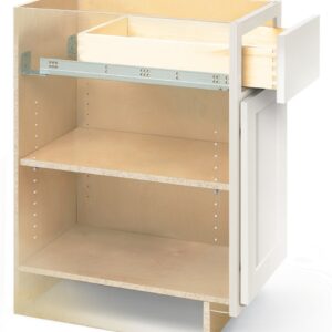 Cabinet with plastic sidewall to showcase the anatomy of a fully installed cabinet, including sliding drawer on top and hinged door on bottom.