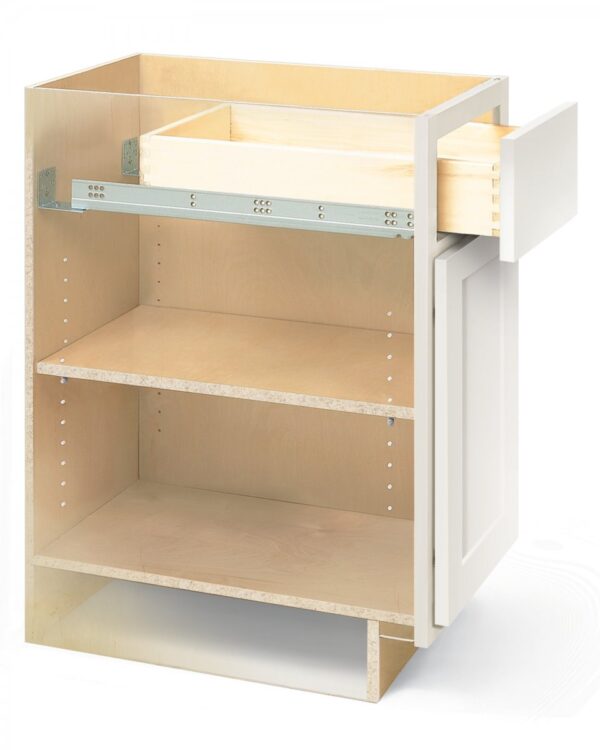 Cabinet with plastic sidewall to showcase the anatomy of a fully installed cabinet, including sliding drawer on top and hinged door on bottom.