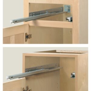 Sliding drawer door hinge installed without a separating mid rail (top) and with a separating mid rail (bottom)