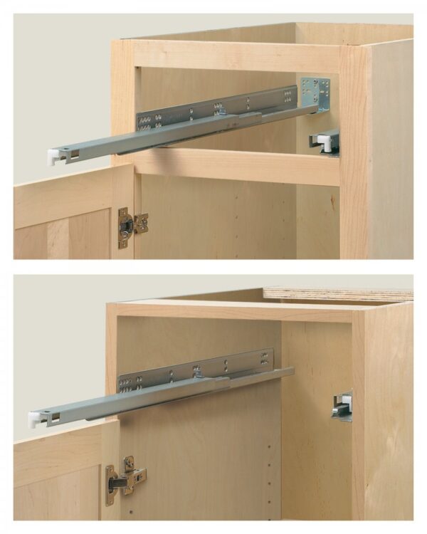 Sliding drawer door hinge installed without a separating mid rail (top) and with a separating mid rail (bottom)