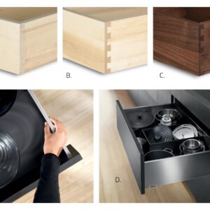 Collage of different drawer box options. A. Dovetail joinery. B. Finished dovetail joinery. C. Maple drawer with dovetail joinery D. Metal drawer box.