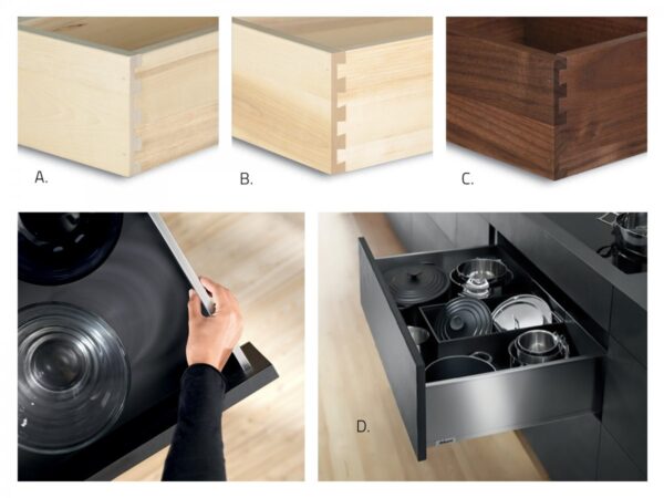 Collage of different drawer box options. A. Dovetail joinery. B. Finished dovetail joinery. C. Maple drawer with dovetail joinery D. Metal drawer box.