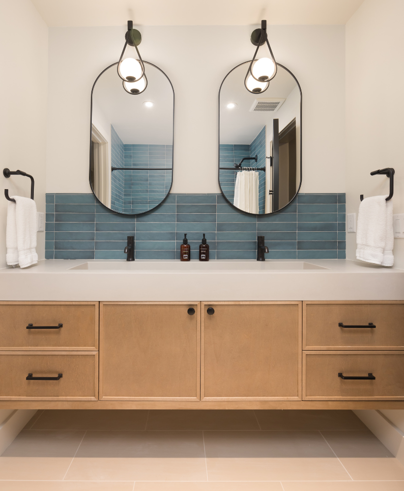 Floating maple vanity stained in the shade cashew with Cologne door style