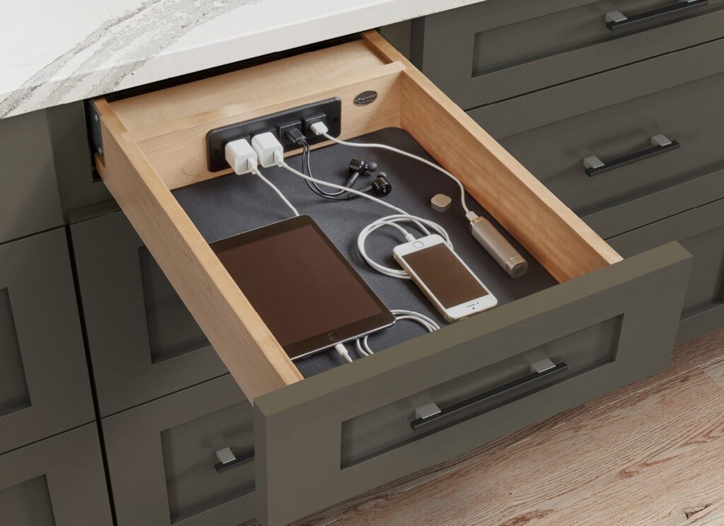 Maple drawer with 4 charging ports installed to the back of the drawer. Featuring a shock absorbent grey mat