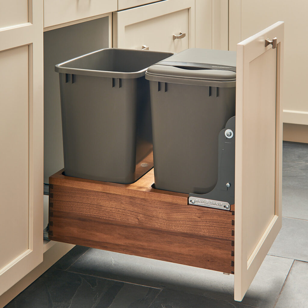 Double waist container pullout drawer made of walnut with dove tail construction