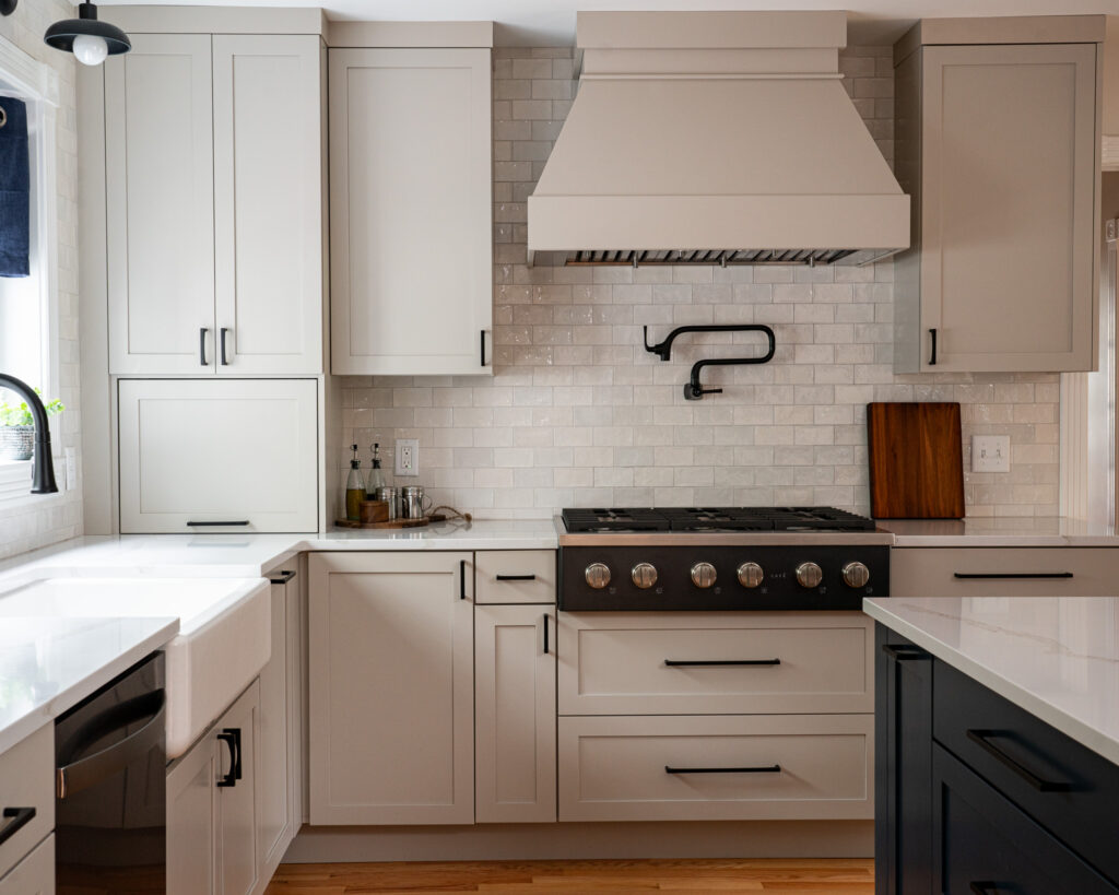 Painted maple kitchen cabinetry with mission styled doors in the color snow