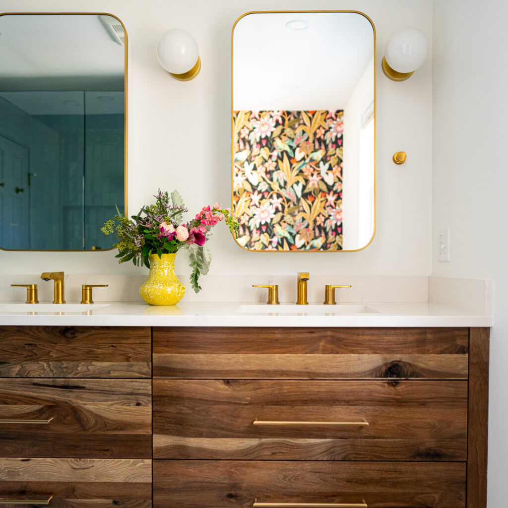 Knotty Hickory wood with an aged finished installed on a slab drawer on bathroom cabinetry