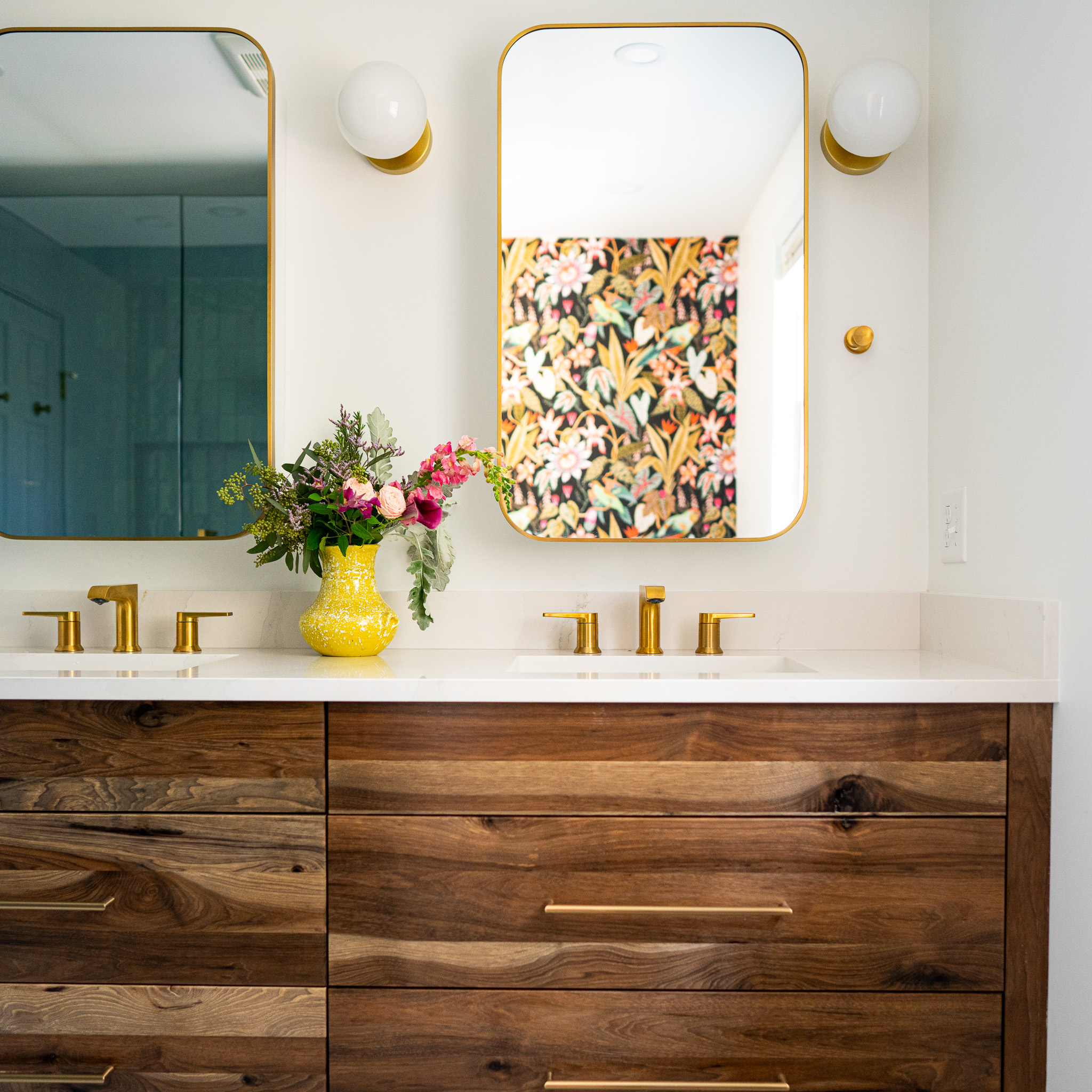 Knotty Hickory wood with an aged finished installed on a slab drawer on bathroom cabinetry