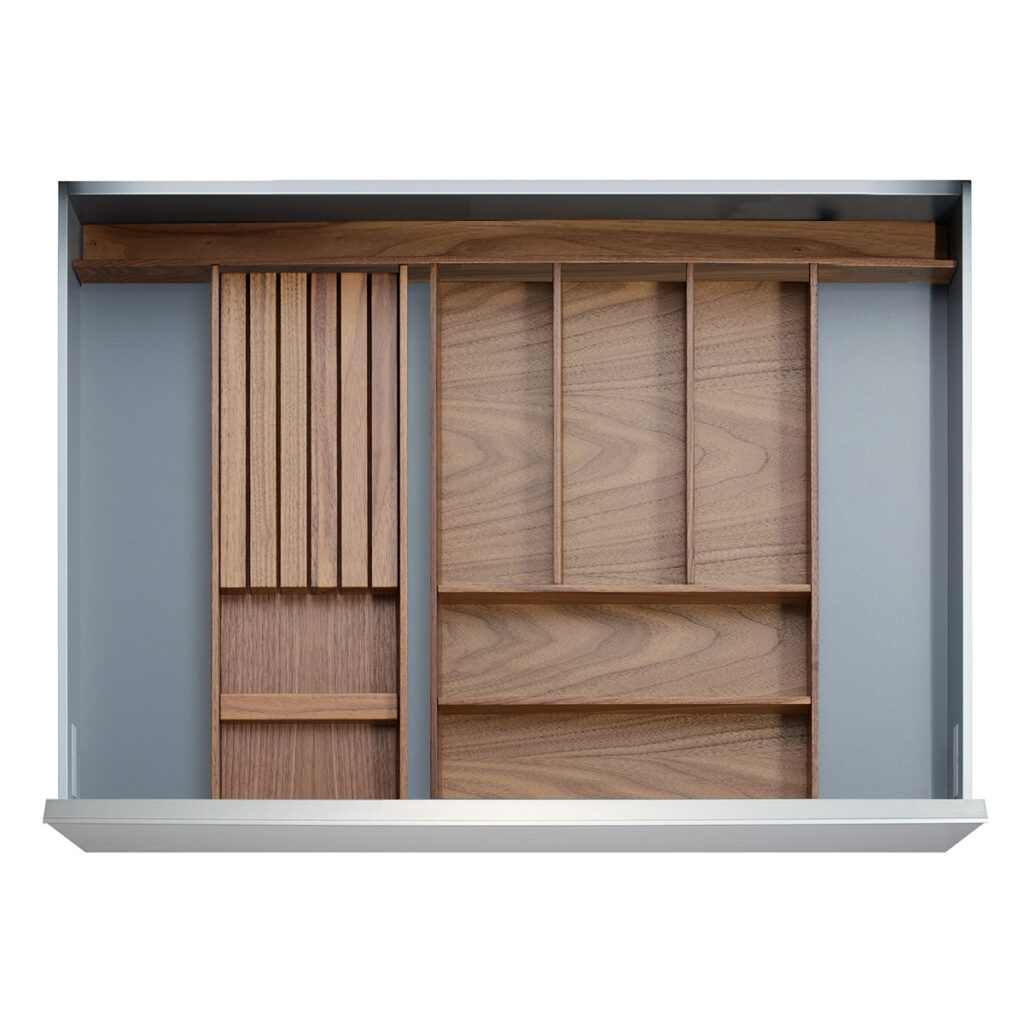 Walnut drawer accessory inserts in the style straightline Denver