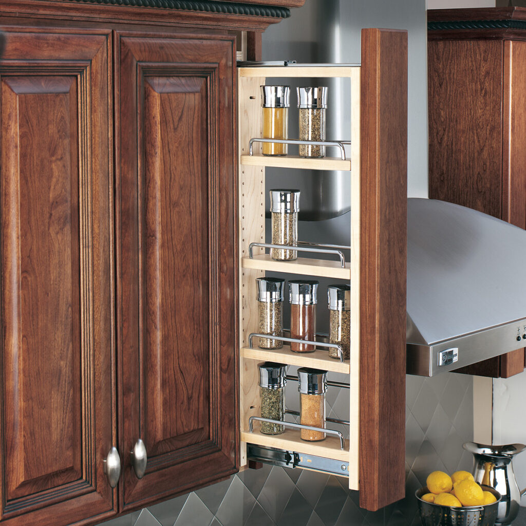 Wall filler pullout with adjustable wooden shelves, featuring metal hardware and metal retaining bars.