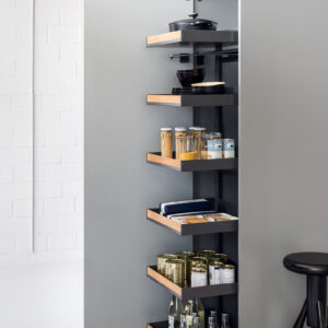 Fioro pullout storage system in large cabinet with 6 tiers of storage