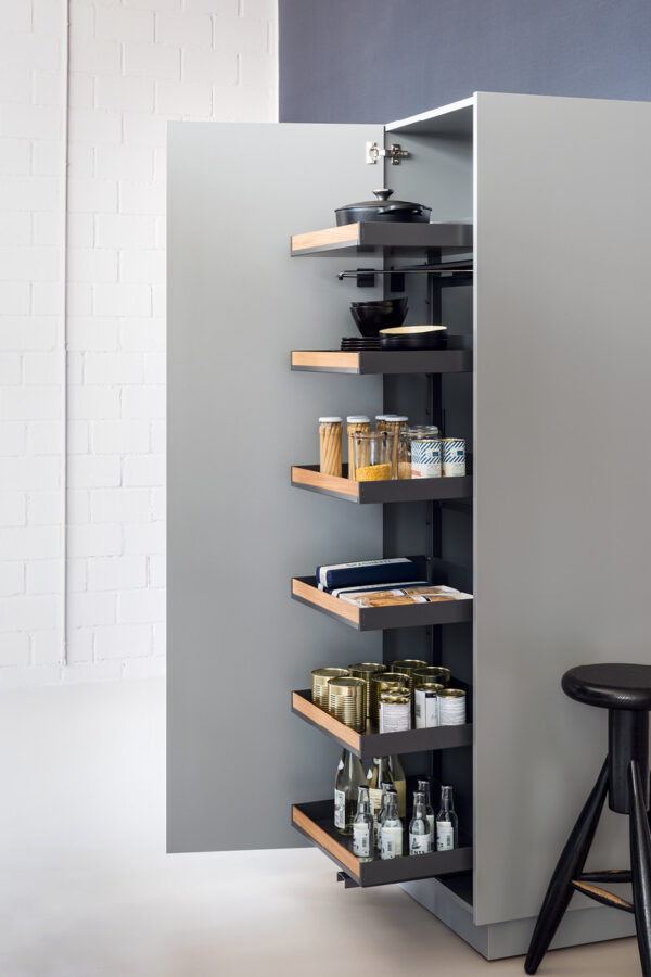 Fioro pullout storage system in large cabinet with 6 tiers of storage