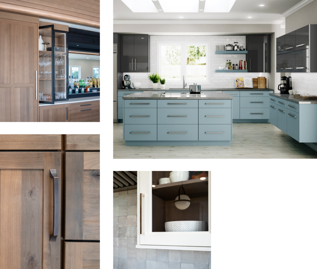 Range of cabinet doors from kitchen island cabinetry with shallow drawers to built-in framed cabinetry doors