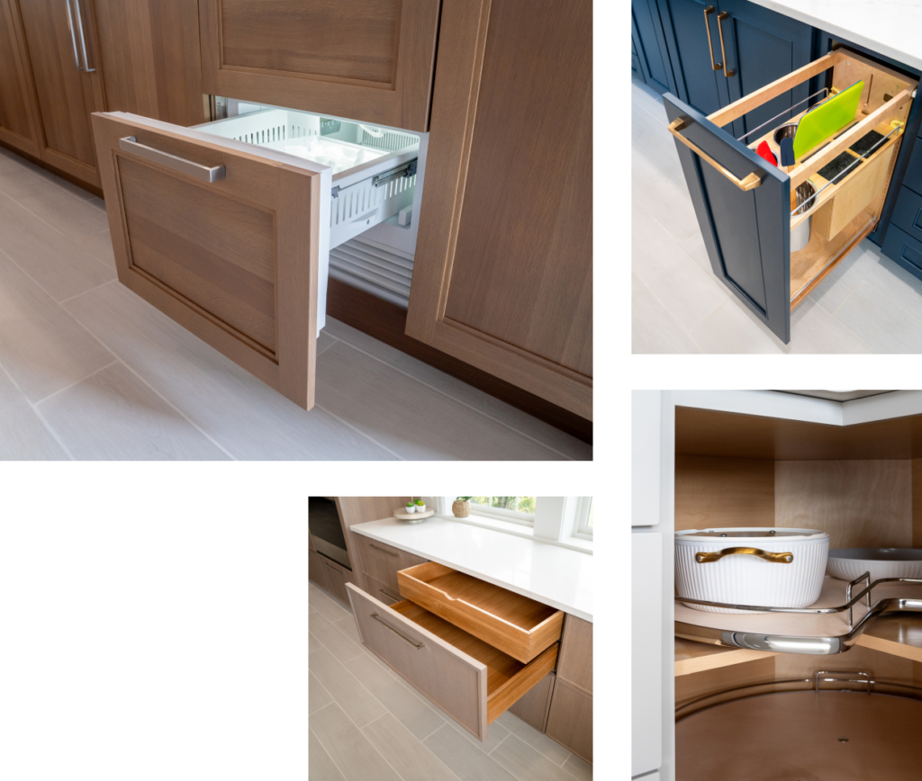 Collection of efficient pullout drawers and lazy susans installed into kitchen cabinets