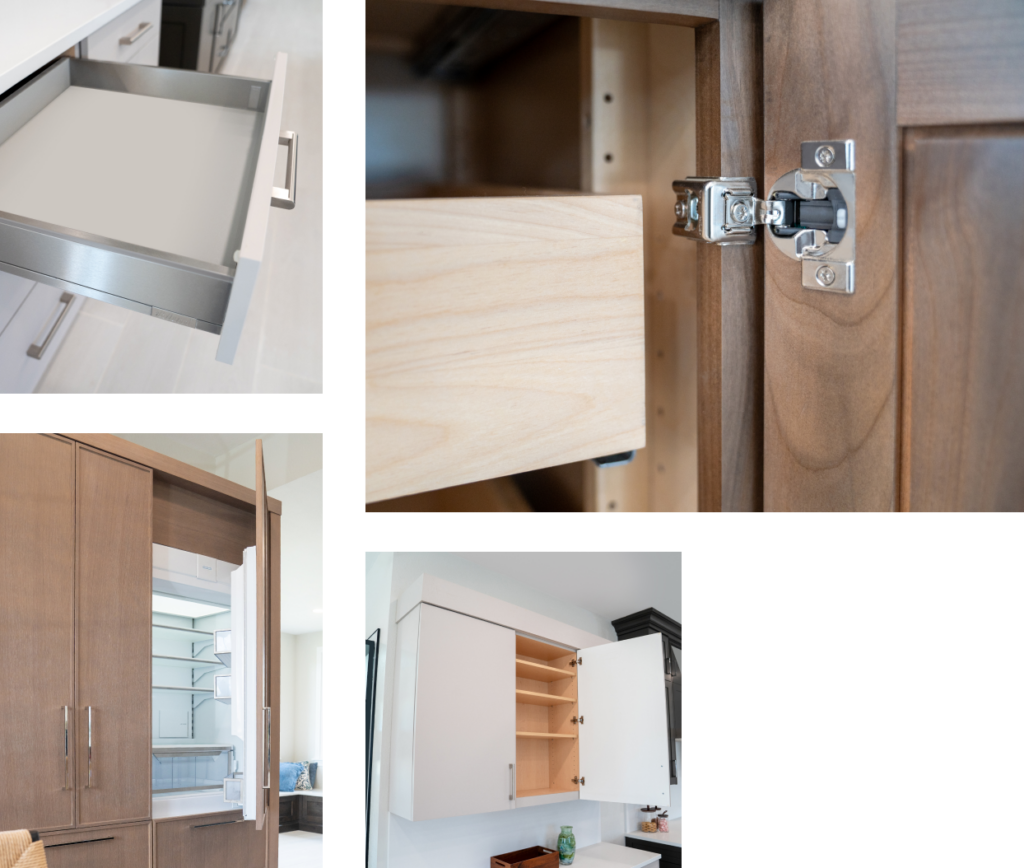 Metal installation hardware equipped on pull-out drawers and cabinet doors