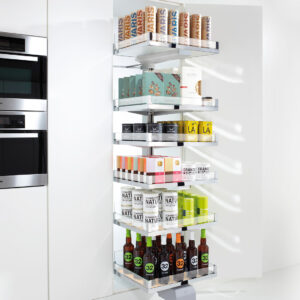 Lavido pantry system including 6 racks of shelves on a pullout mount inside a cabinet