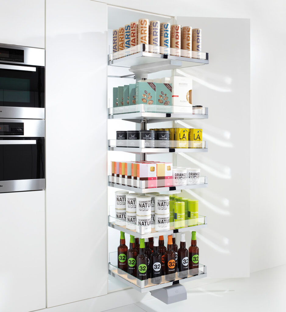 Lavido pantry system including 6 racks of shelves on a pullout mount inside a cabinet