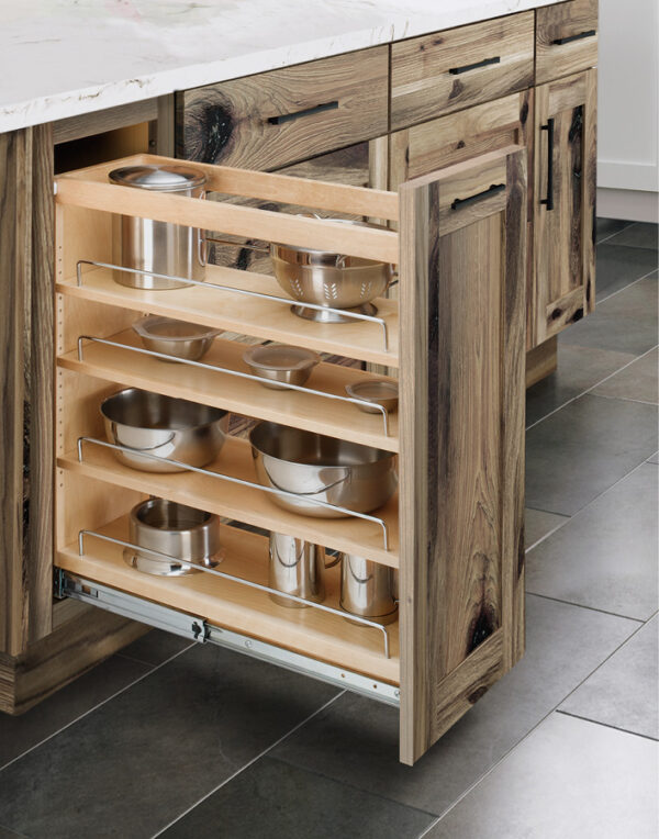 Base cabinet pullout with adjustable wooden shelves, featuring metal hardware and metal retaining bars.