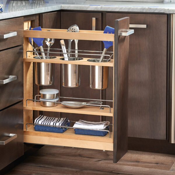 Base pullout utensil organizer with adjustable wooden shelves, featuring metal hardware and metal retaining bars. Top shelf features 3 metal utensil holders.