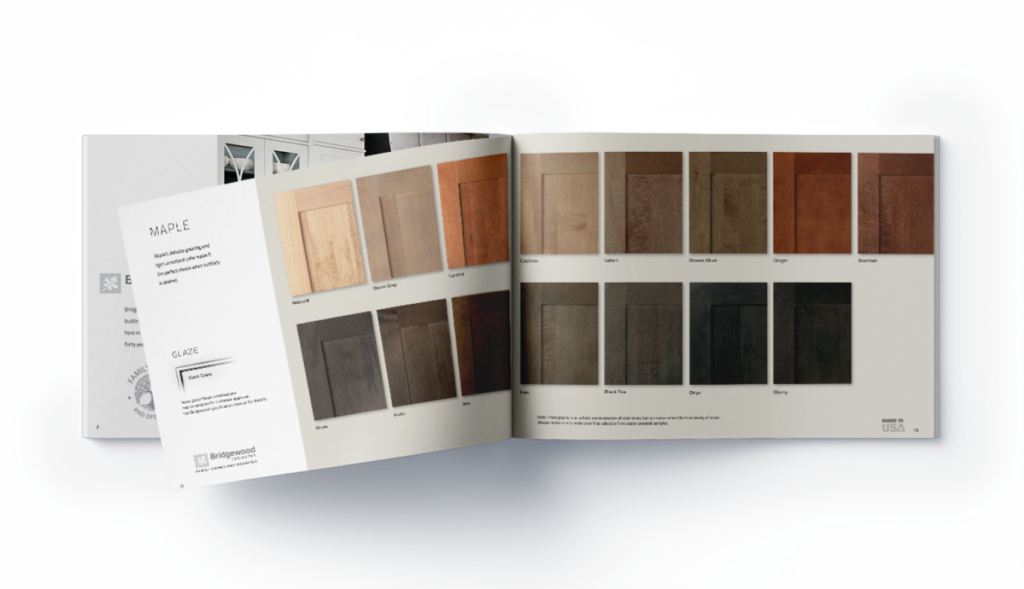 Bridgewood Cabinetry brochure booklet of the various wood stains, paints, and door styles with inspiration photos intermixed