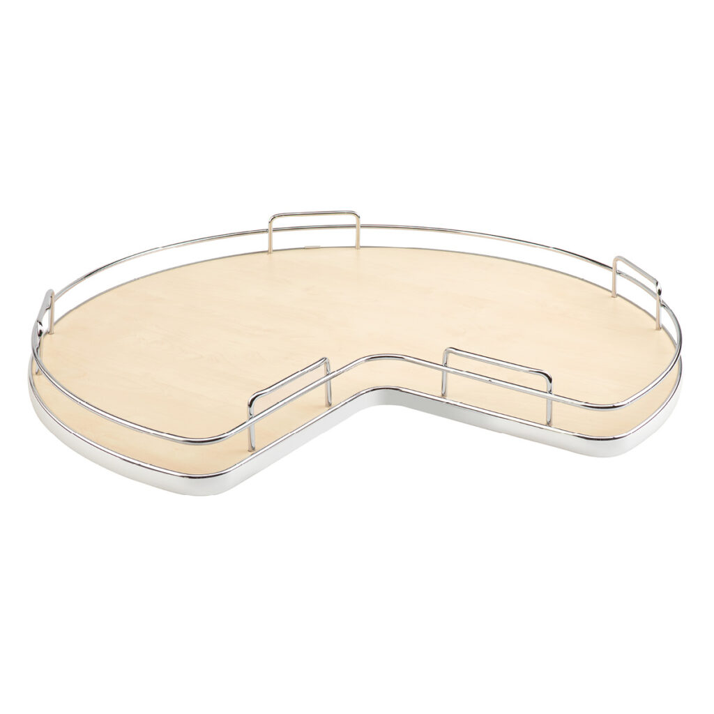 Maple Lazy Susan in kidney-shape designed for corner usage with wire railing