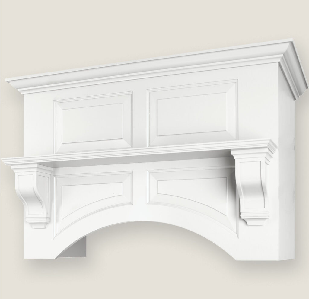 Madison range hood with paneled arch & shelf