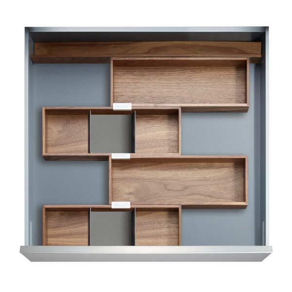 Walnut wooden drawer accessories in the straightline Milan style