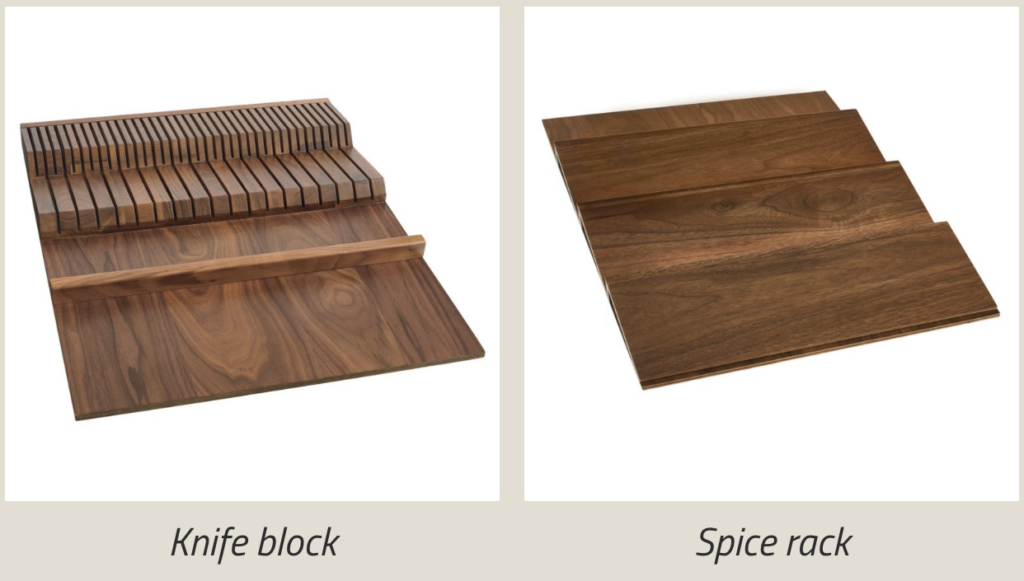 Maple and walnut drawer inserts for double knife block (left) and spice rack (right)