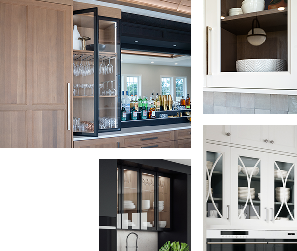 Kitchen cabinetry featuring various framed doors with glass insets, each door features a different door style and painted finish.