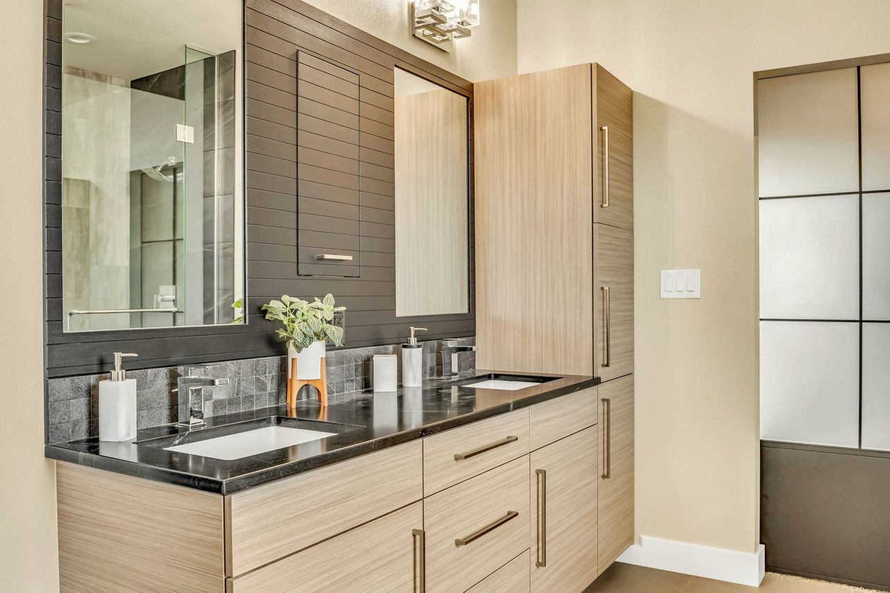 Bathroom vanity made of textured melamine, with the linea cortez finish featuring scandia doors.