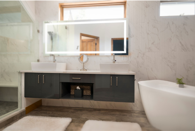 Hanging bathroom vanity with Allure doors made of acrylic with painted black gloss finish